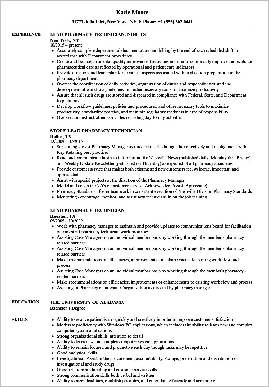 Examples Of Resume Objectives For Pharmacy Technician