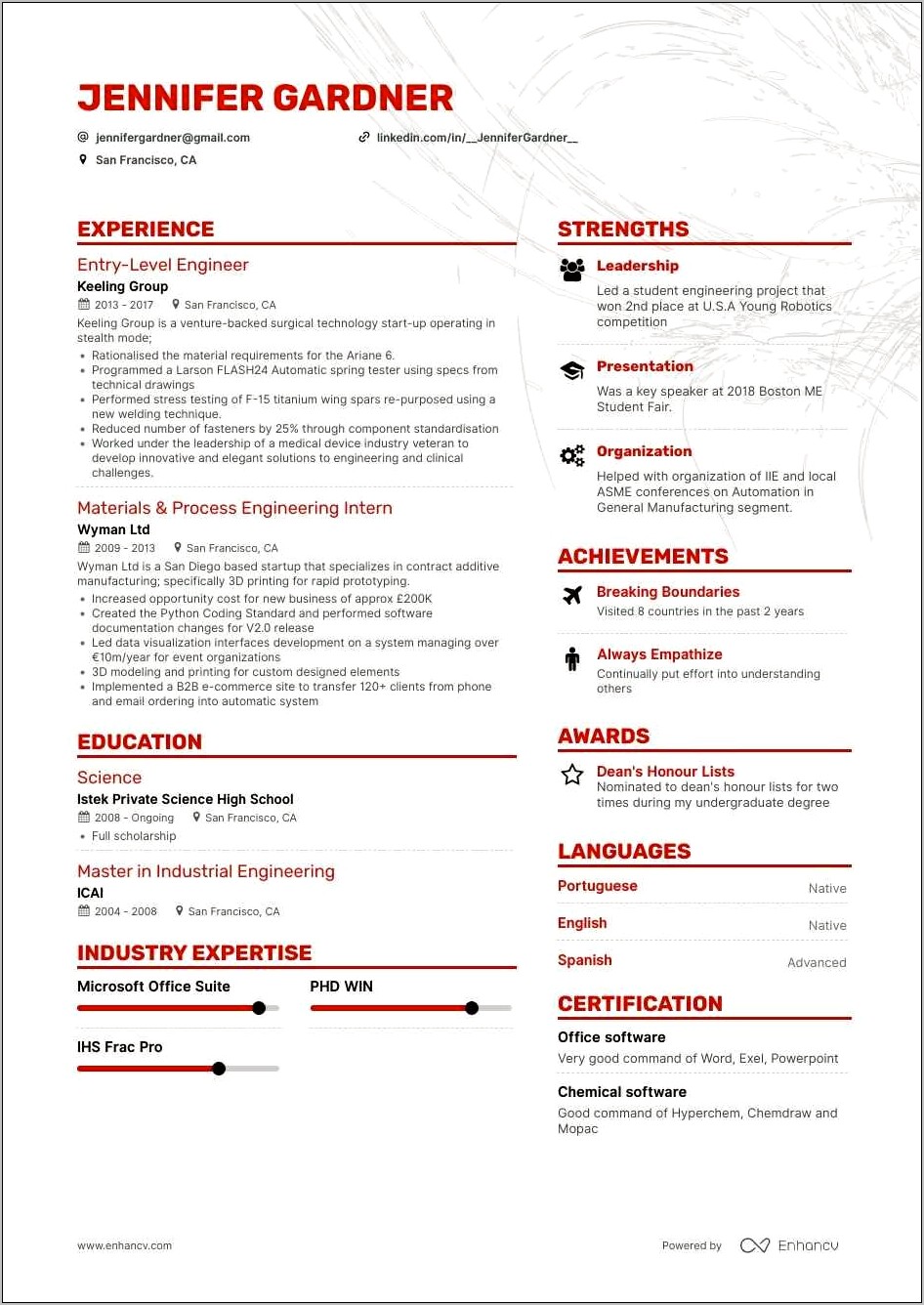 Examples Of Resume Personal Statements Engineering Internship Cv