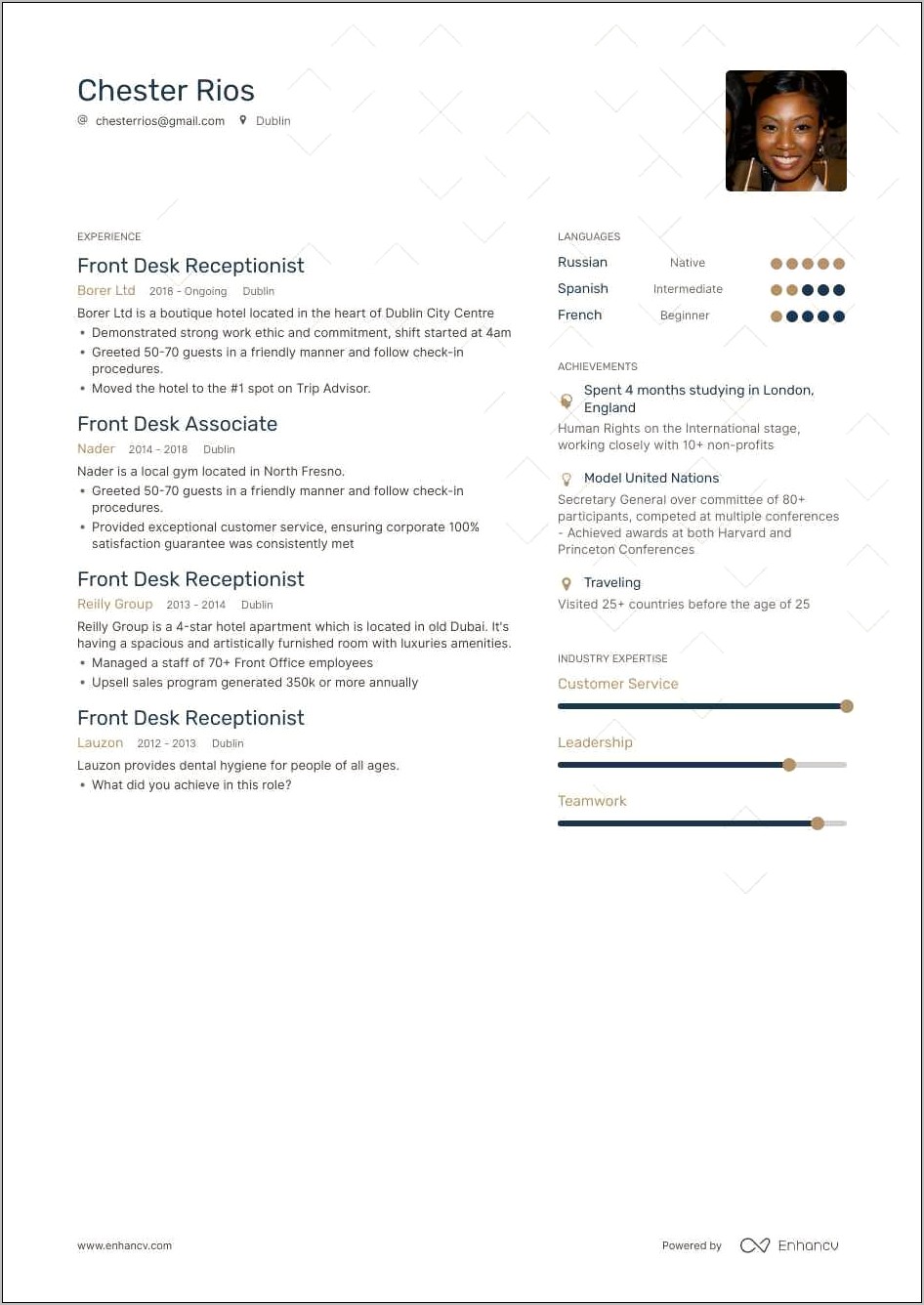 Examples Of Resume Profile For Gym Receptionist