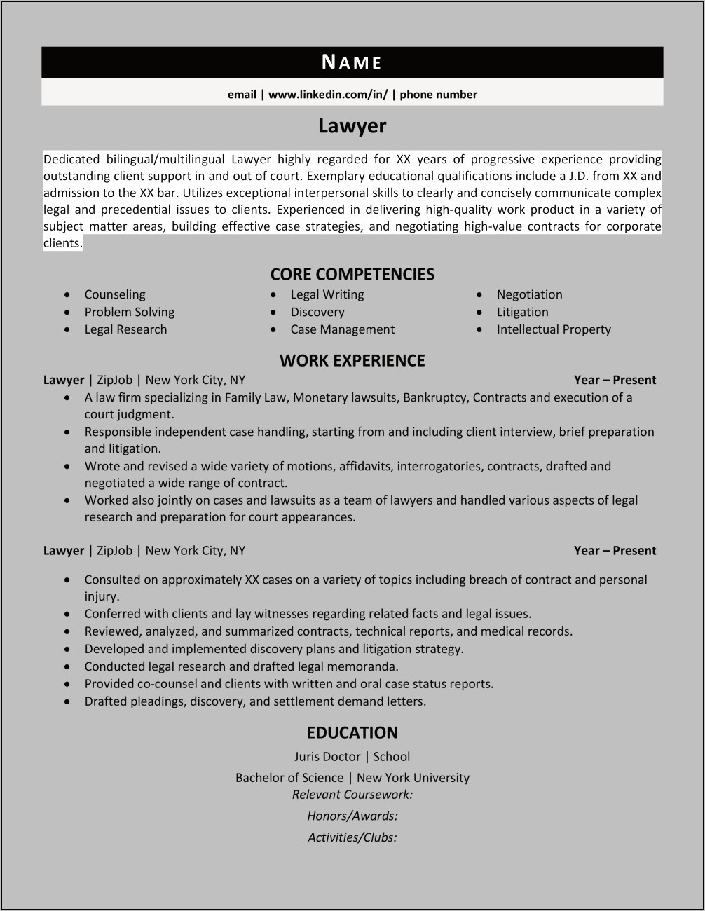 Examples Of Resume Summary For Lawyers