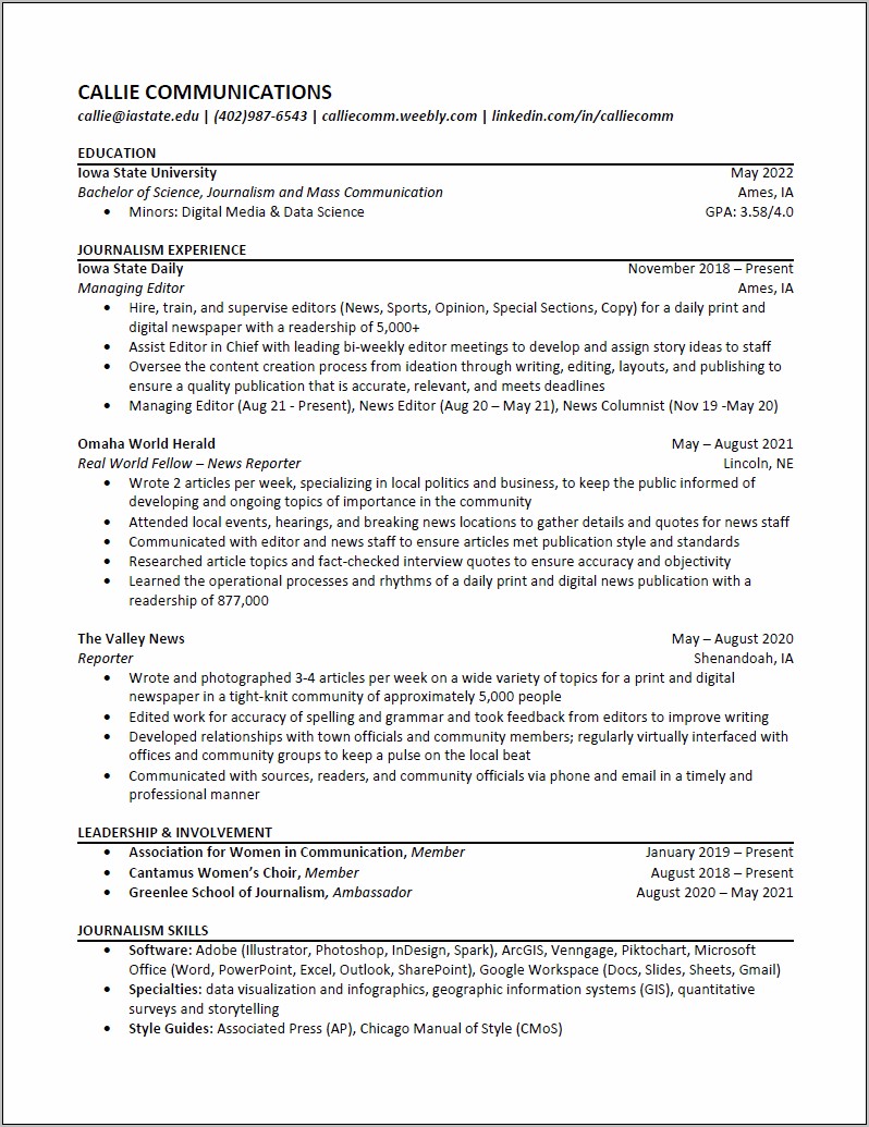 Examples Of Resumes 2018 Of Mass Communication Majors