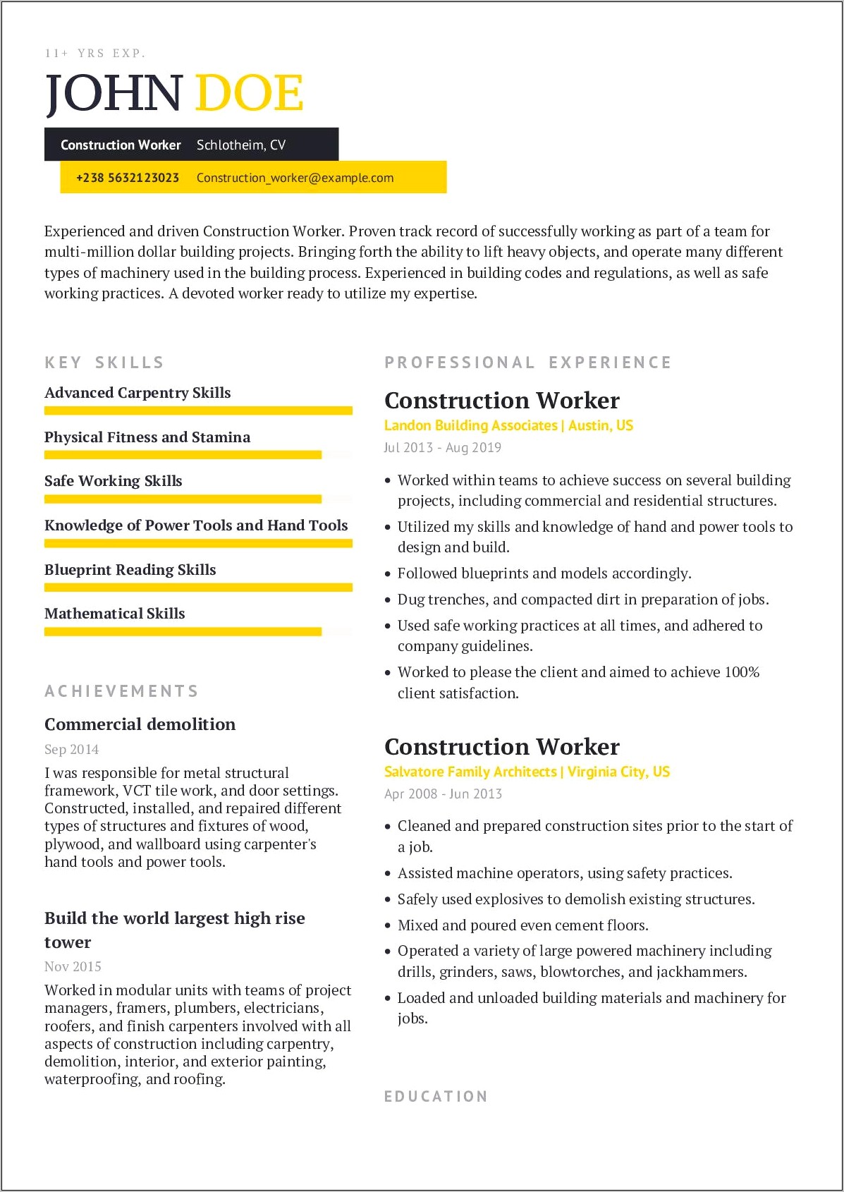 Examples Of Resumes Construction Worker