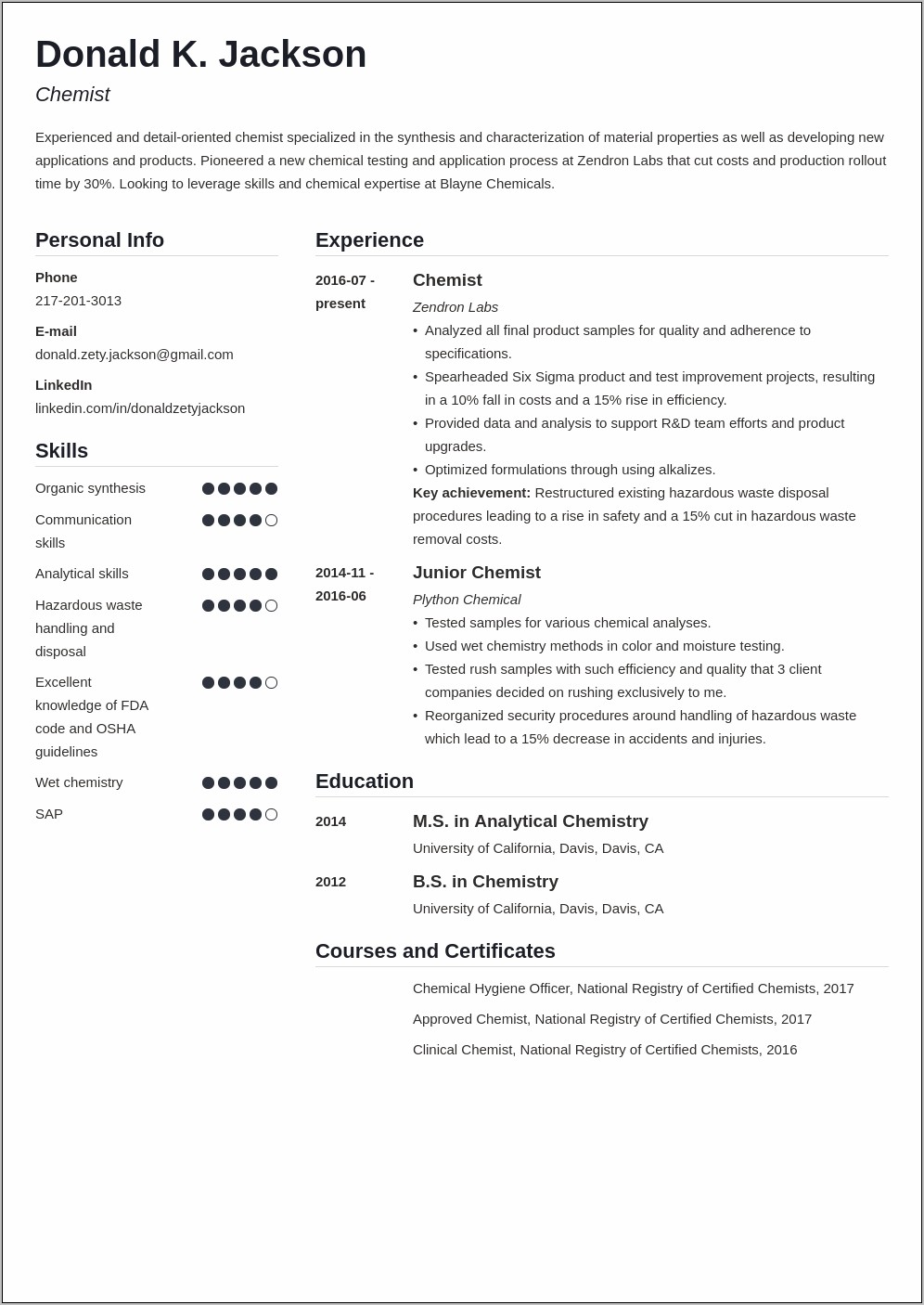 Examples Of Resumes For A Scientist