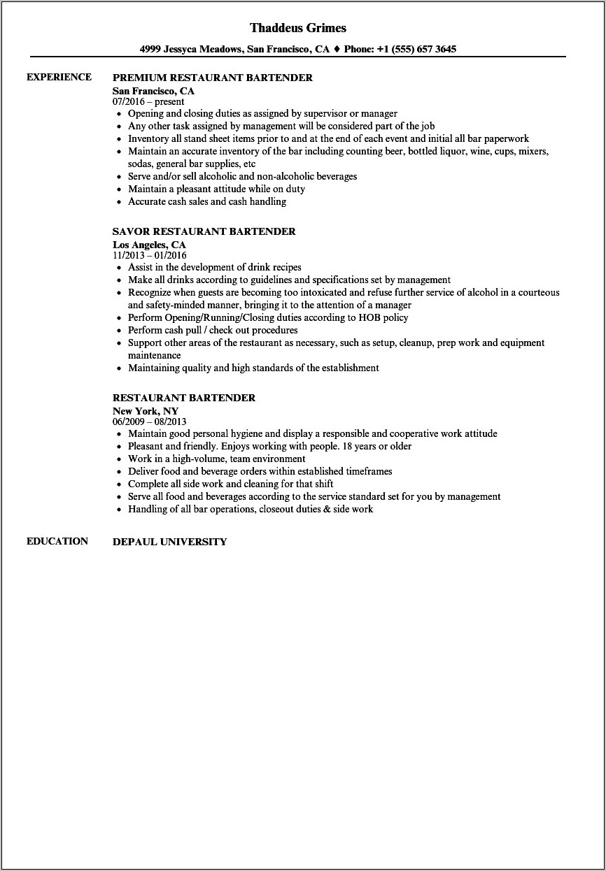 Examples Of Resumes For Bartenders And Head Waits
