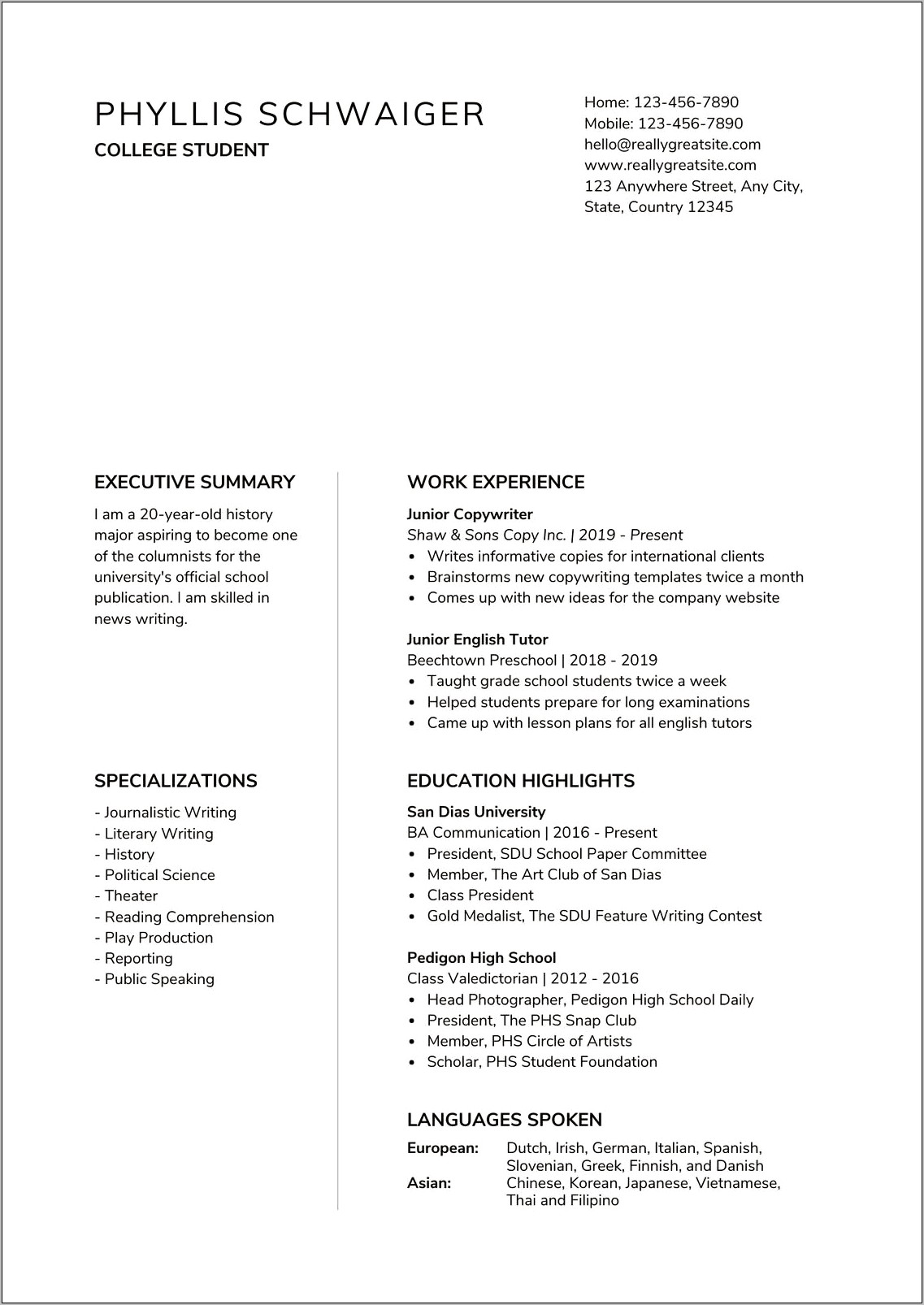 Examples Of Resumes For College Freshmen