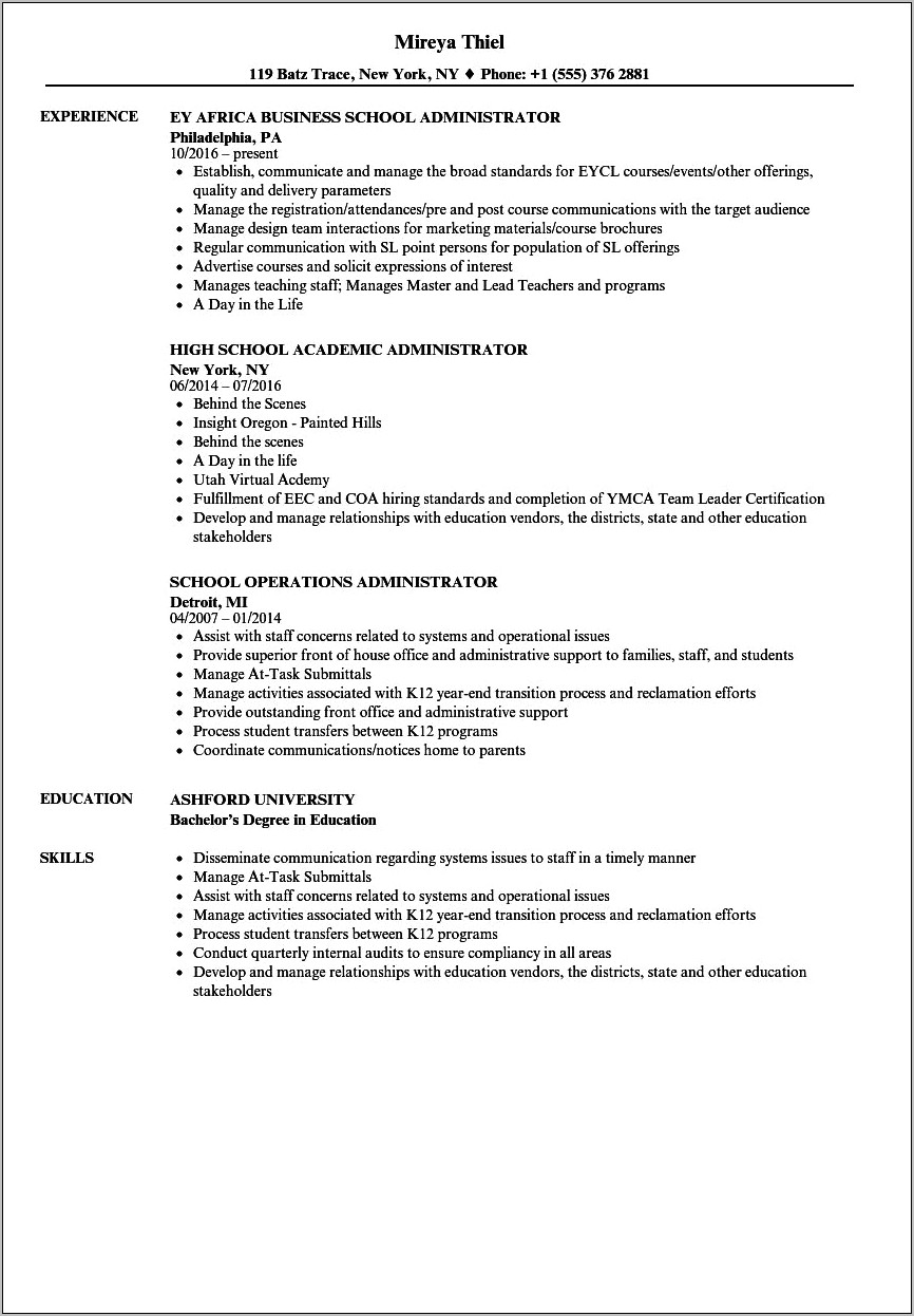 Examples Of Resumes For Educational Administrators