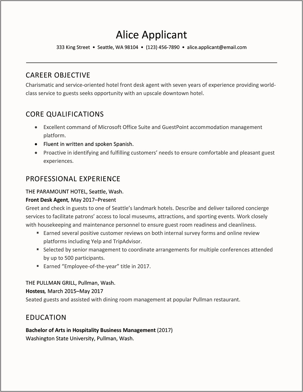 Examples Of Resumes For Front Desk At Hotels