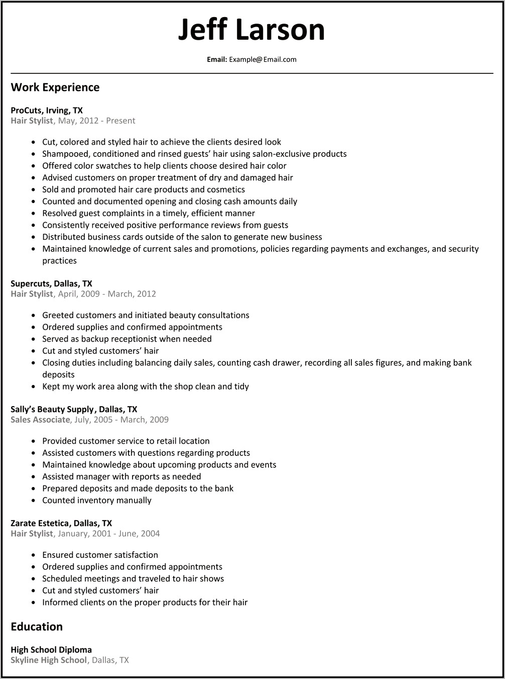 Examples Of Resumes For Hair Stylists
