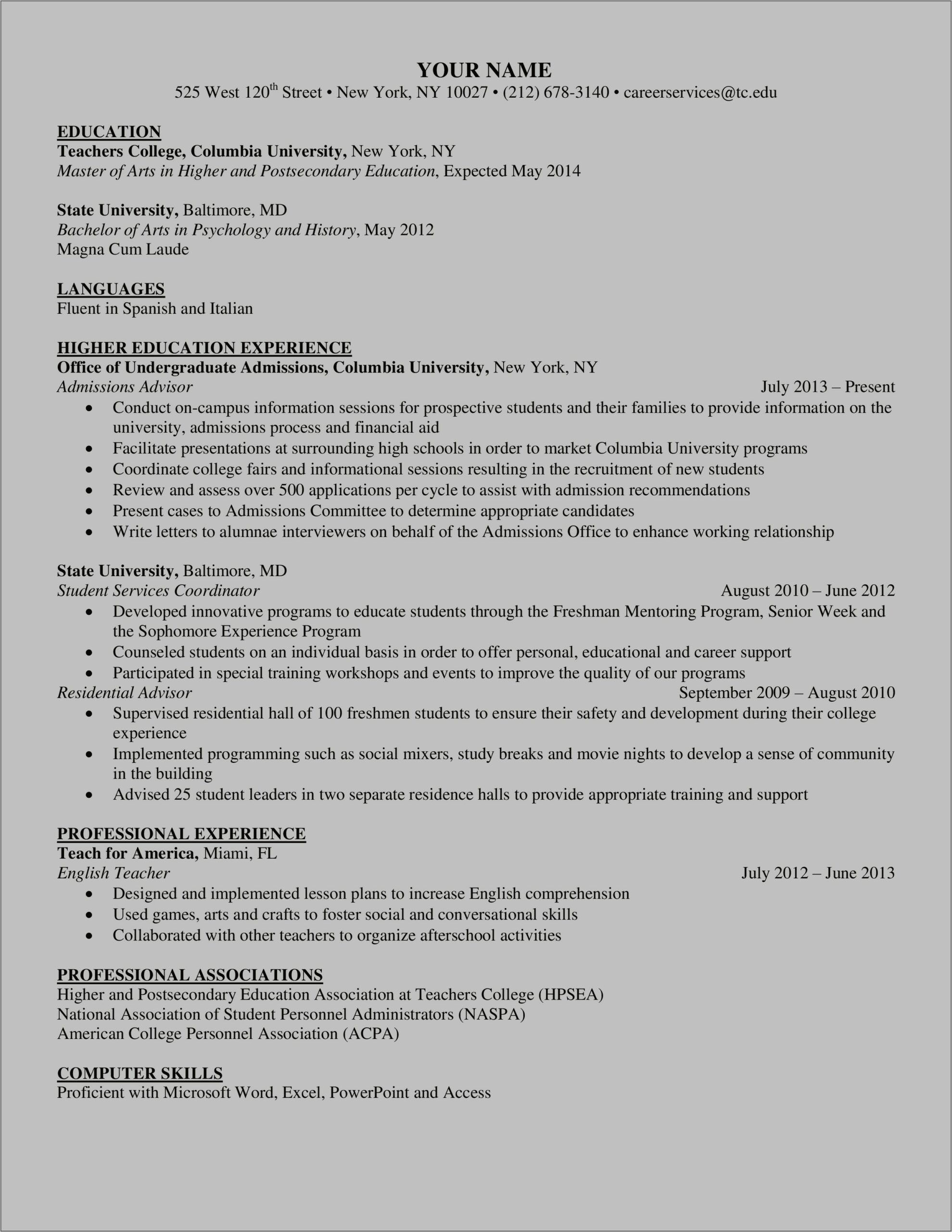 Examples Of Resumes For Higher Education