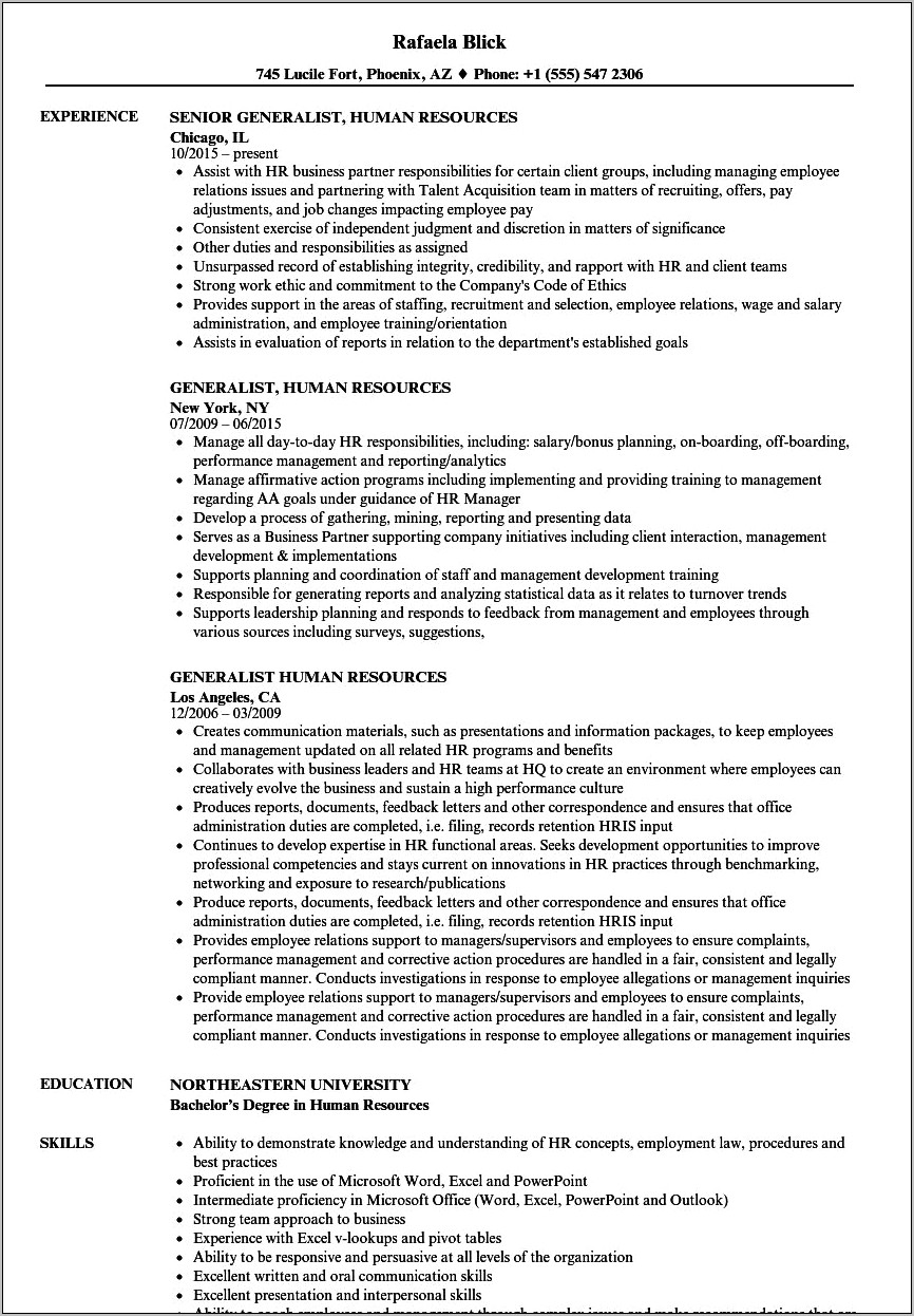 Examples Of Resumes For Human Resources Generalist
