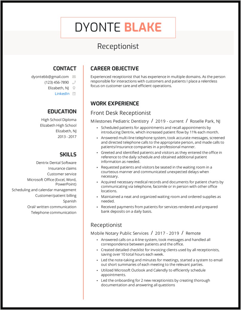 Examples Of Resumes For Receptionist Download