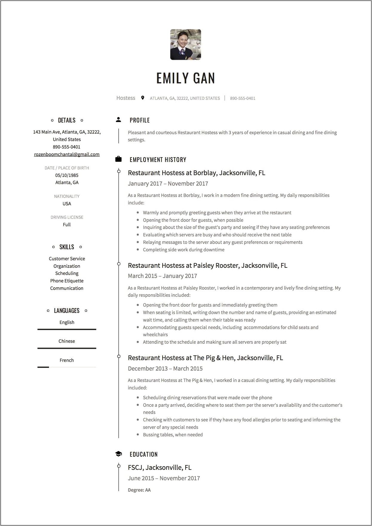Examples Of Resumes For Restaurants Hostess