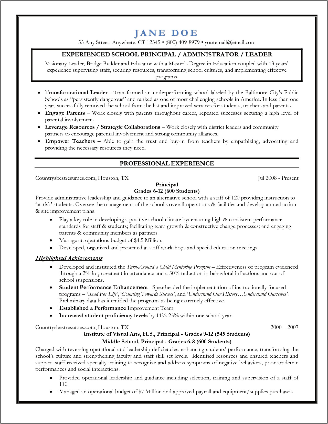 Examples Of Resumes For School Administrators