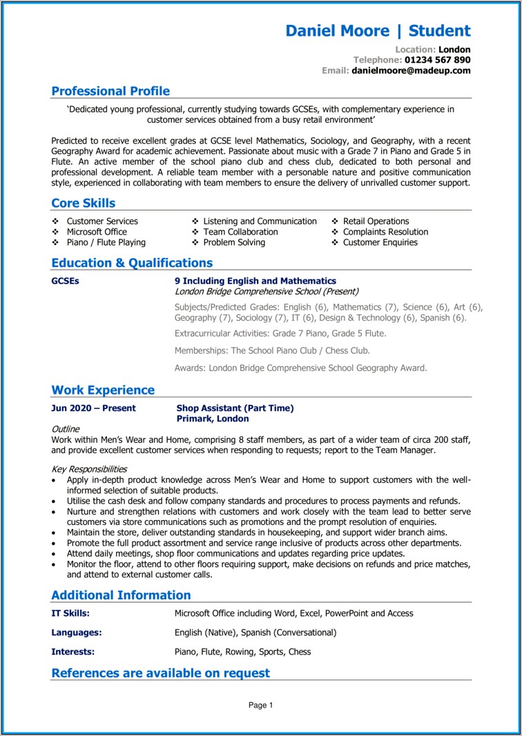 Examples Of Resumes For Undergraduate Student