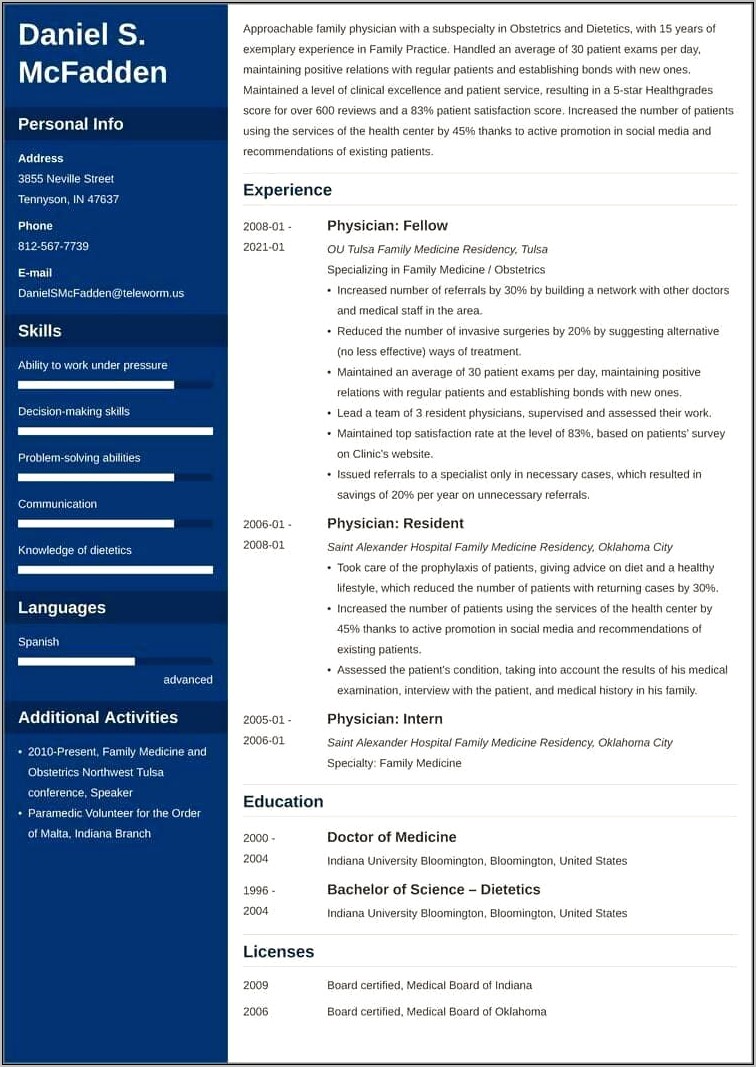 Examples Of Resumes In Family Medical Field