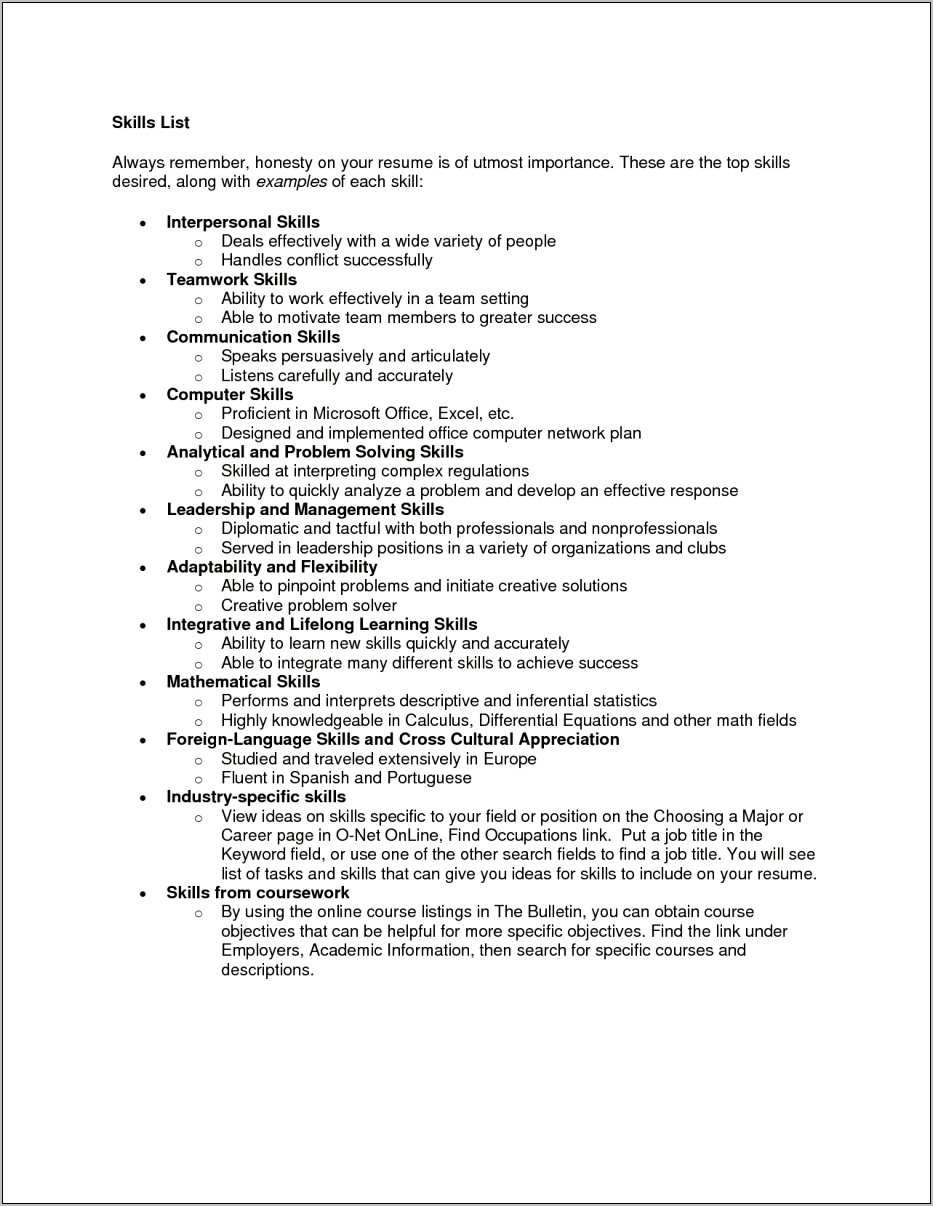 Examples Of Resumes With Skills Listed