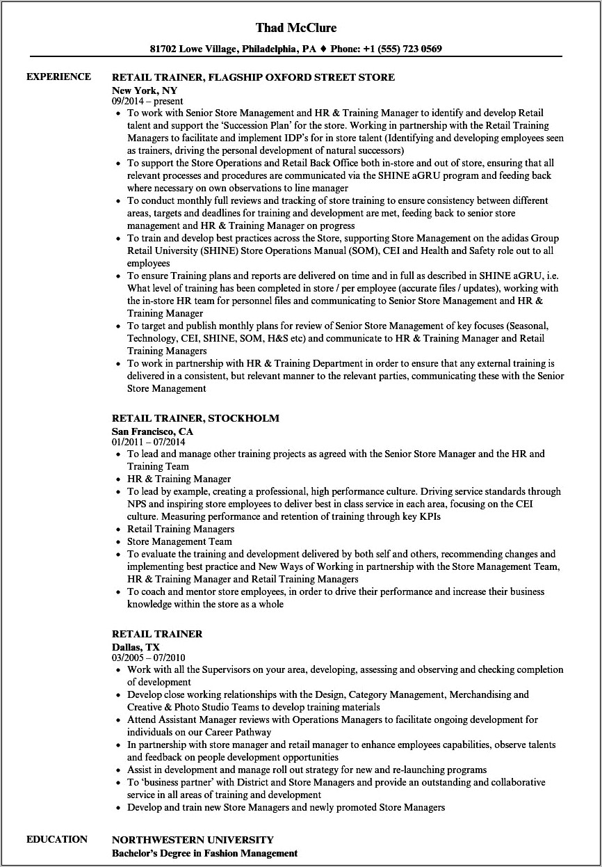 Examples Of Sales Trainer Resume