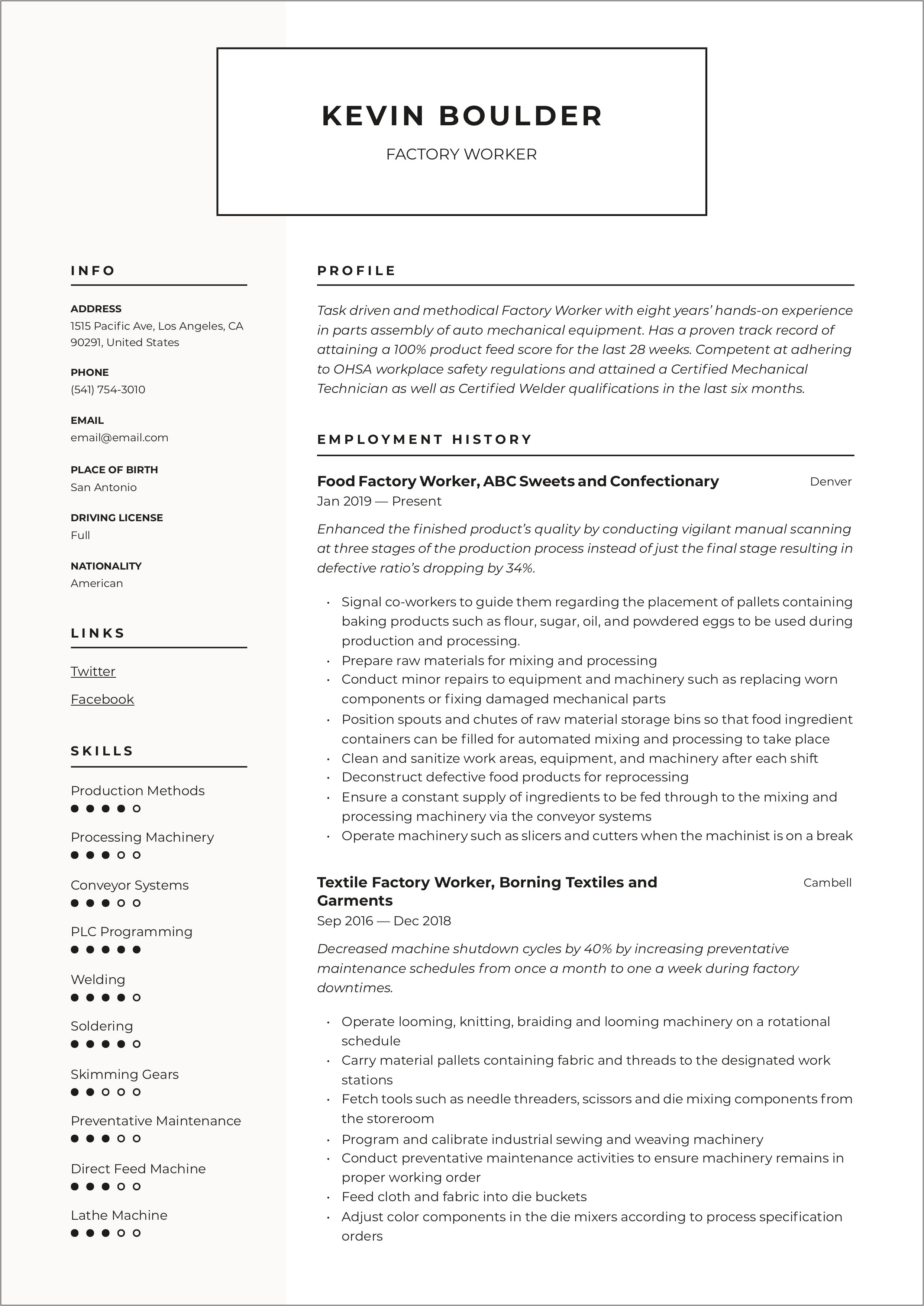 Examples Of Seat Production Worker Resume