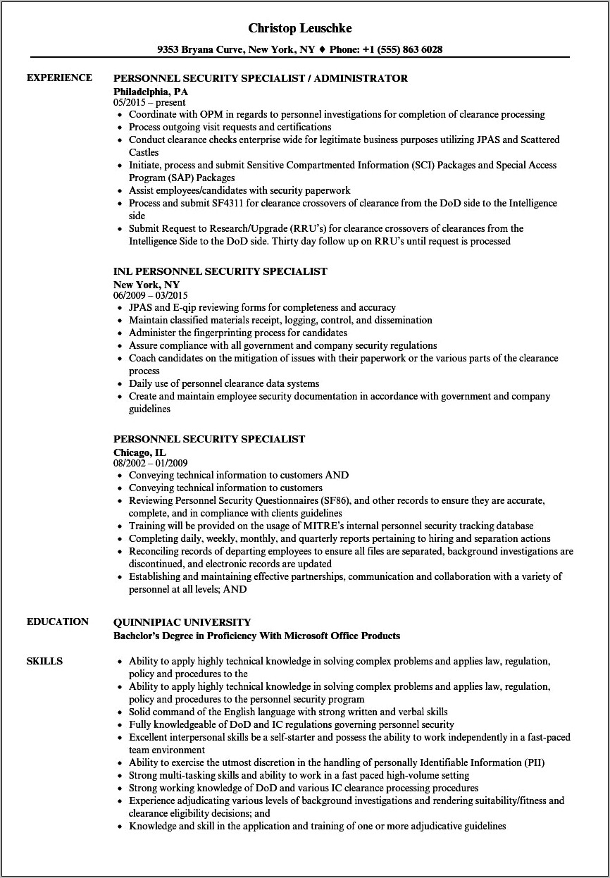 Examples Of Security Clearance On Resume
