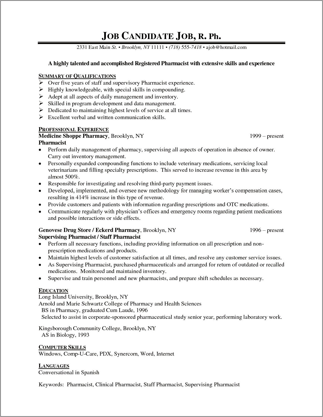 Examples Of Skills For Pharmacy On Resume