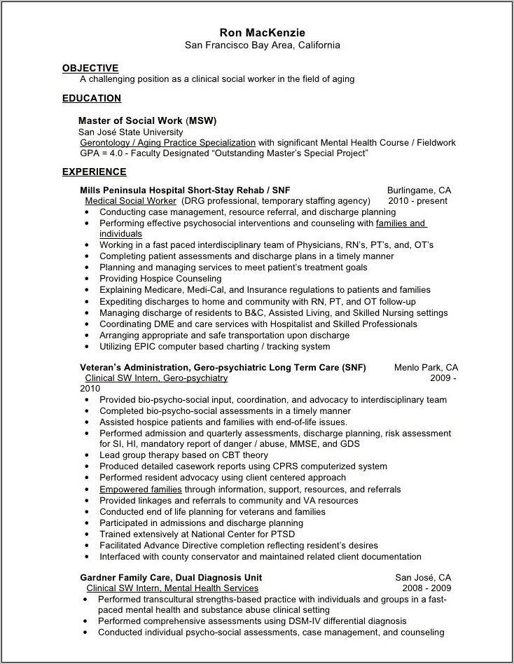 Examples Of Social Work Resume Objectives
