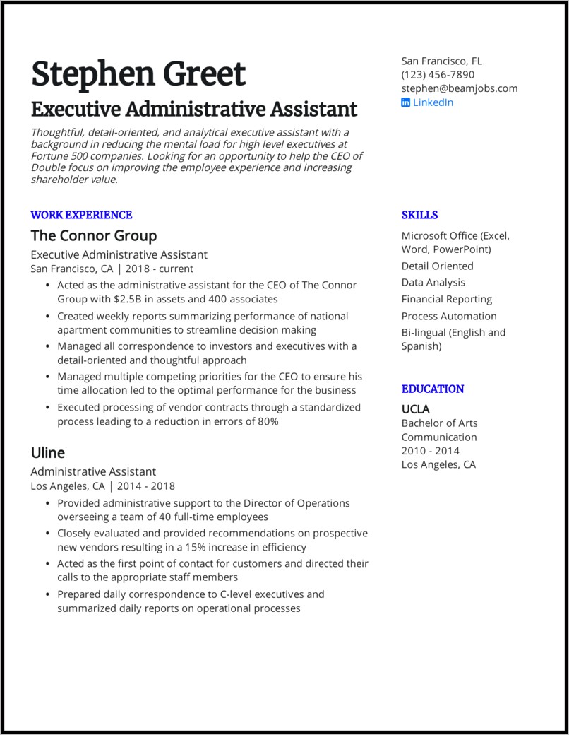 Examples Of Summary Style Resume For Administrative Assistant