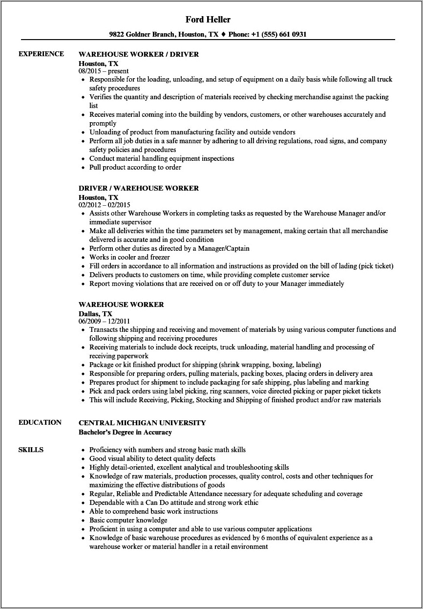 Examples Of Warehouse Summary For Resume