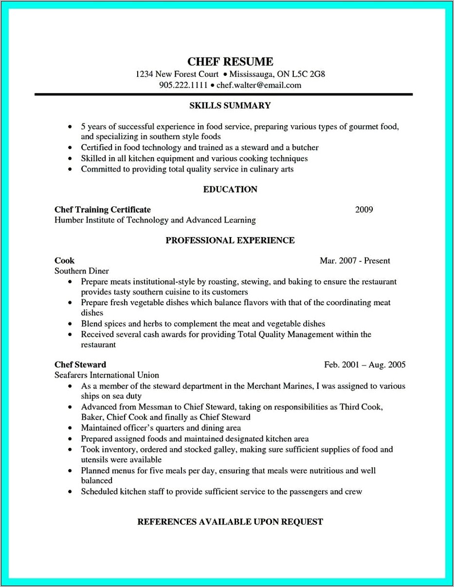Examples Of Wording A Culinary Arts Resume