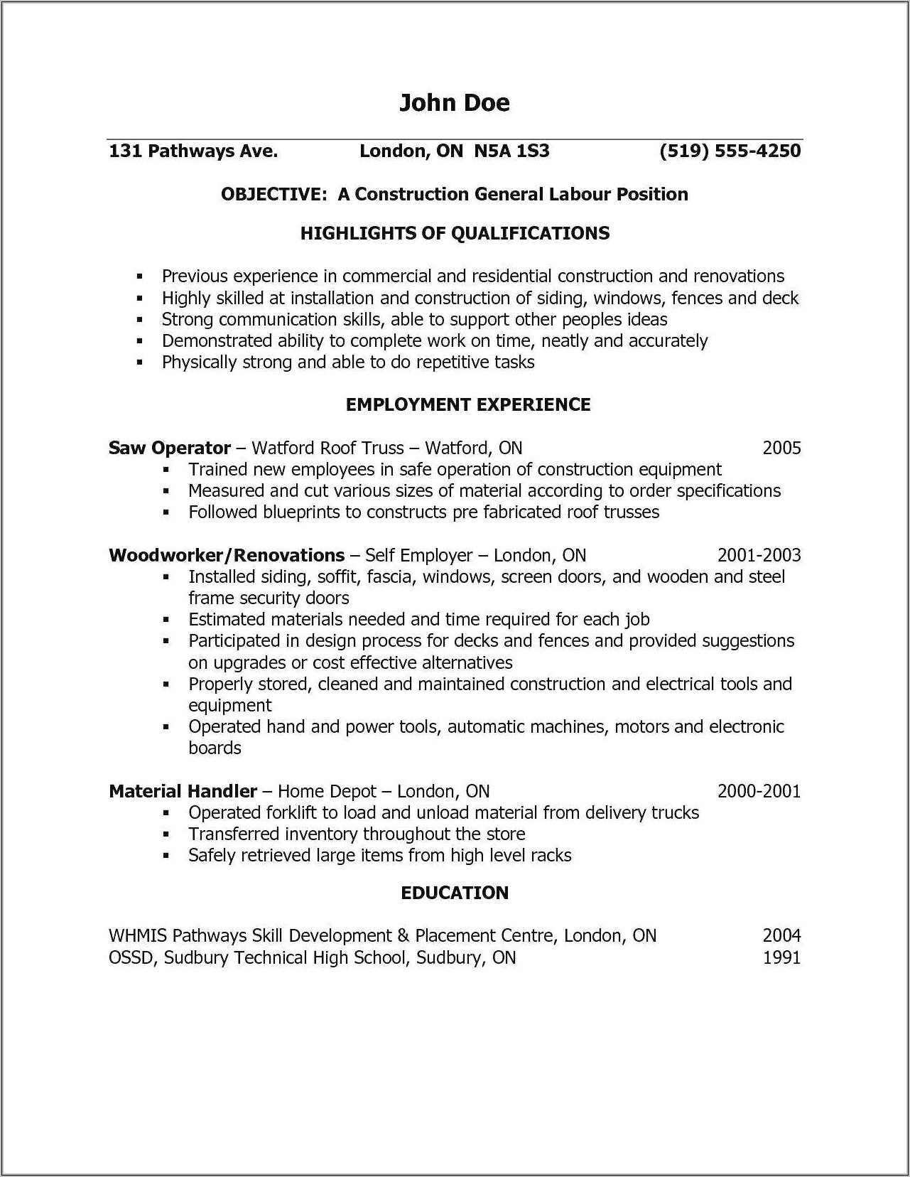 Examples Skills And Abilities For Resume Laborer