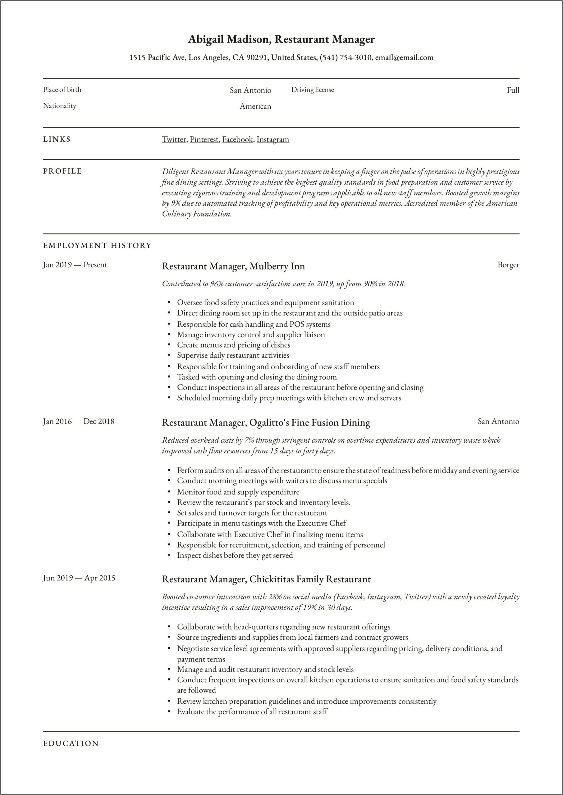 Examples Summary For Resume Restaurant