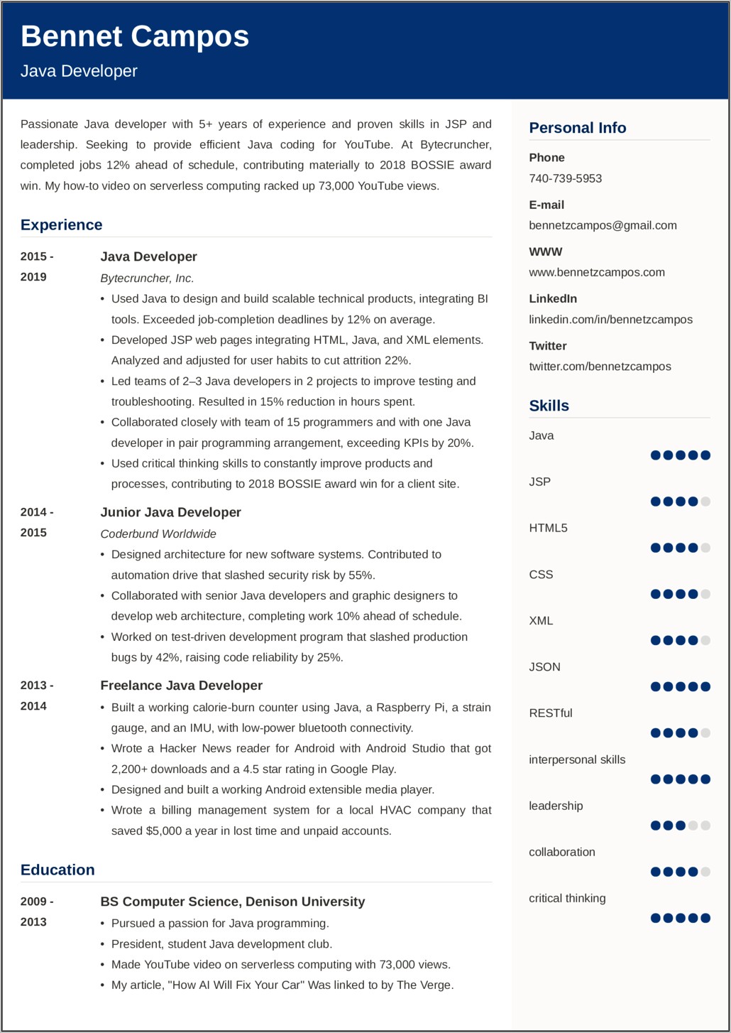 Excellent Resume Objective Sample For Java Developer