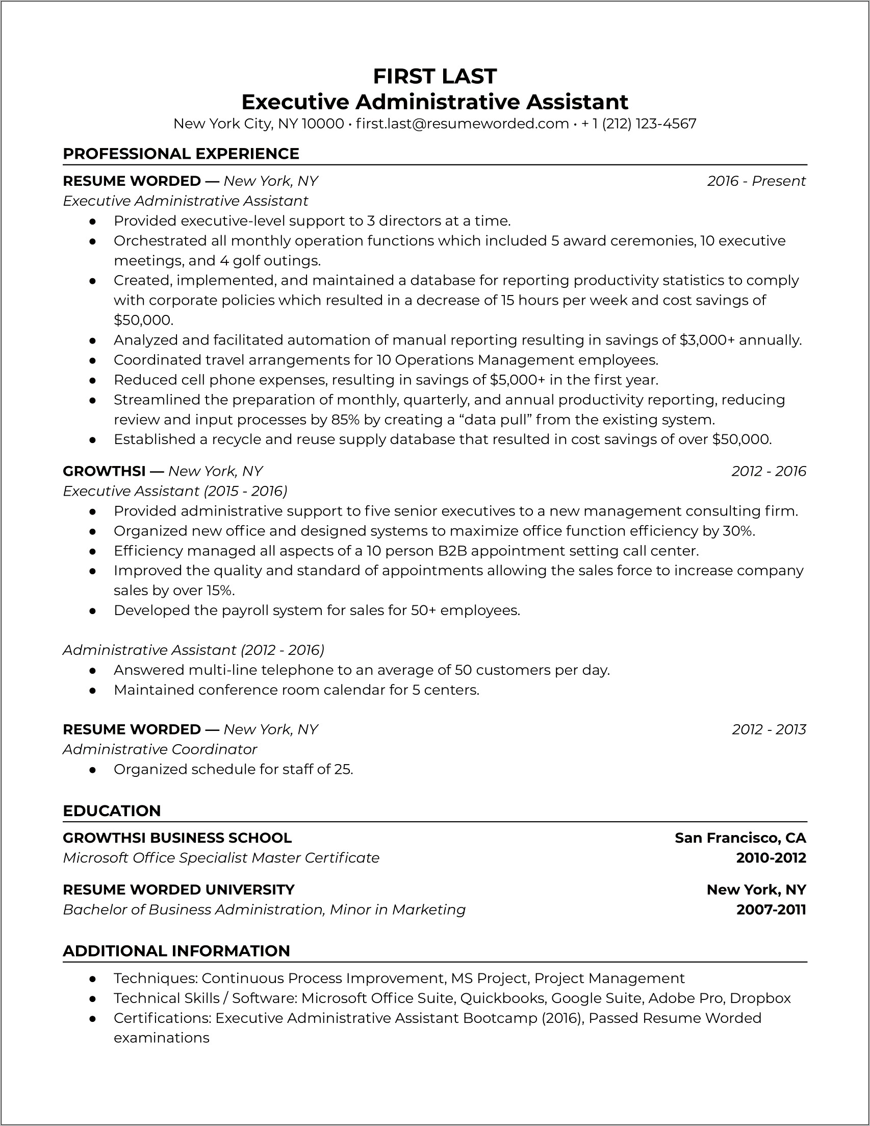 Executive Administrative Assistant Resume Sample 2014