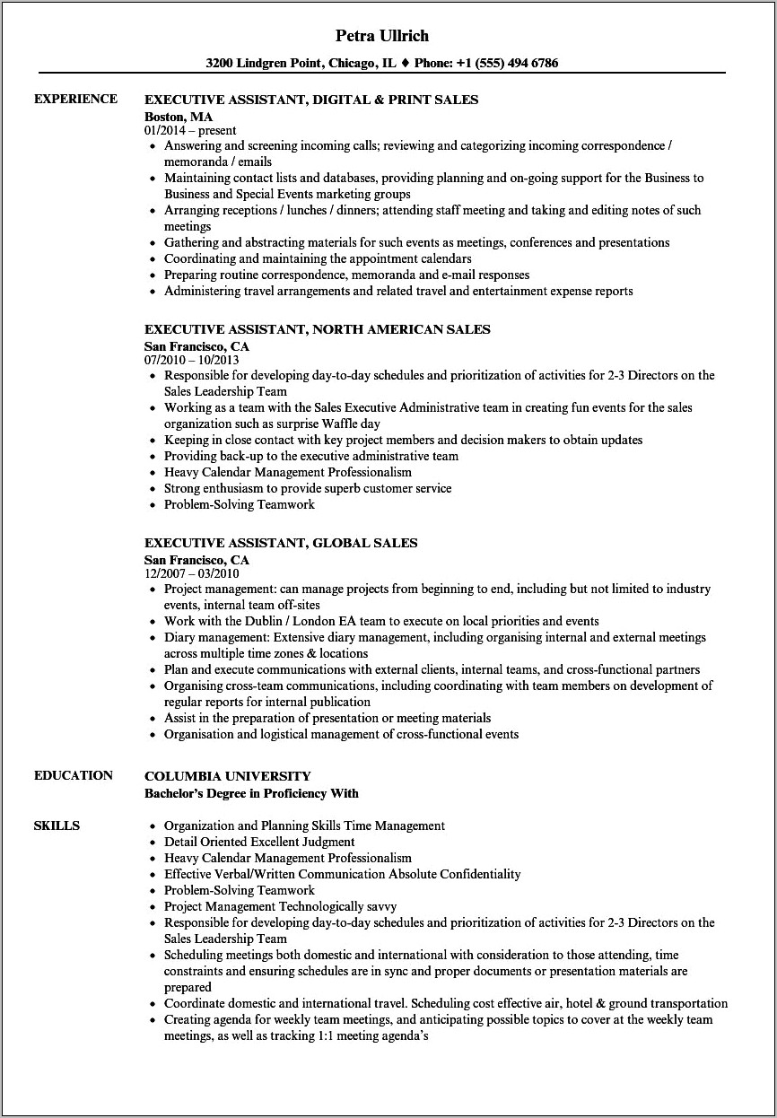 Executive Assistant Job Responsibilities For Resume
