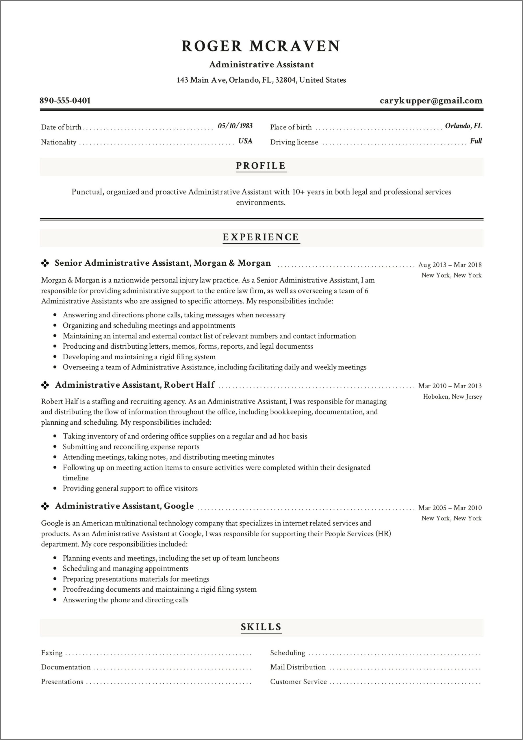 Executive Assistant Resume Summary Of Qualifications