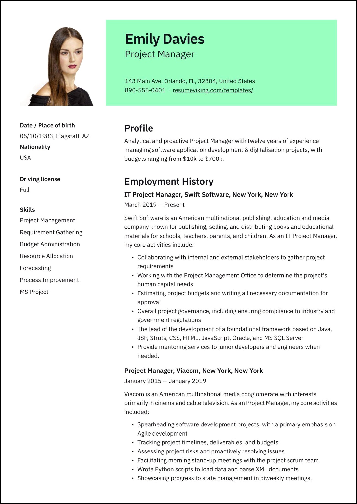 Executive Summary For Project Manager Resume