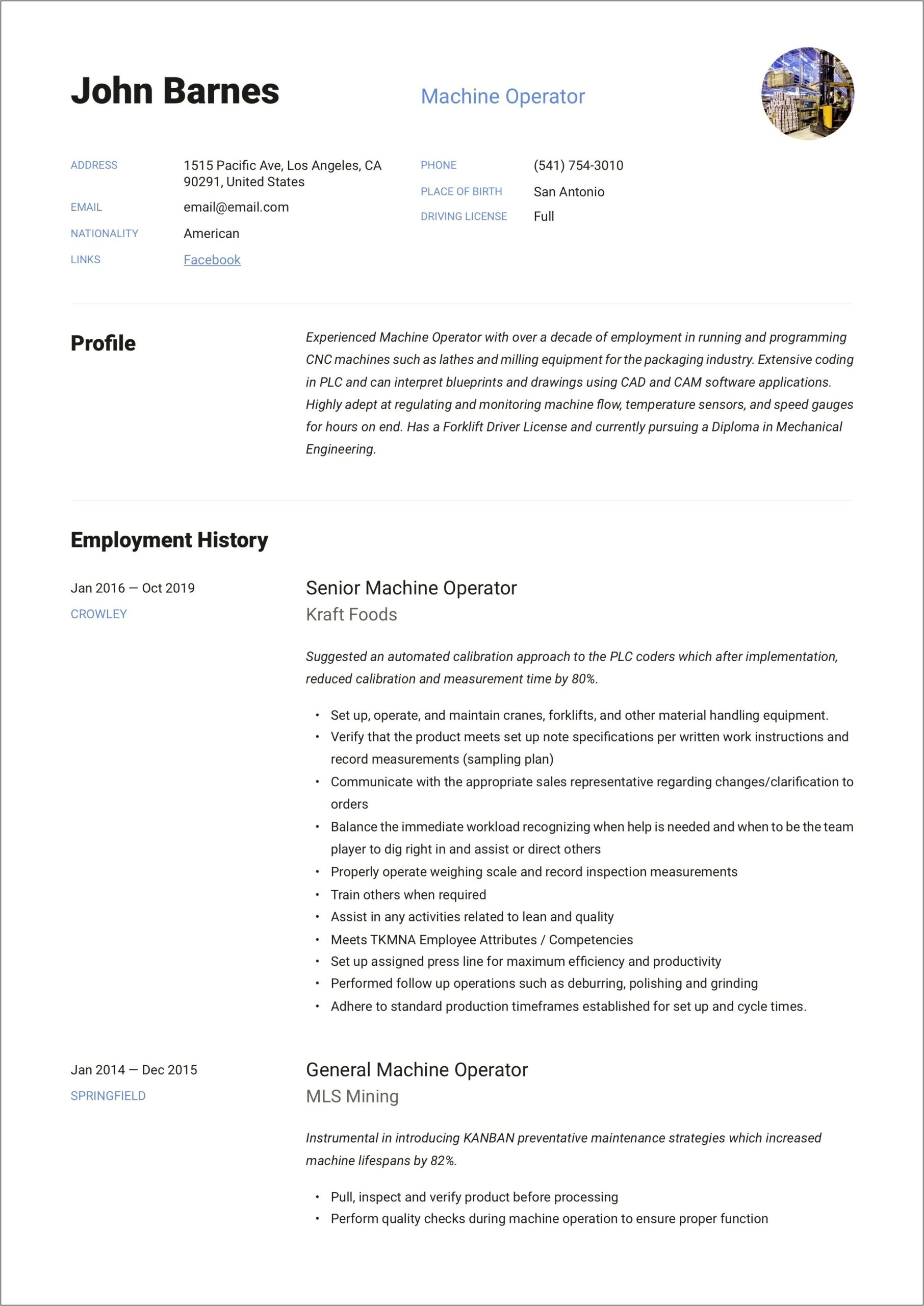 Exemple Of Resume Summary For Machine Operator