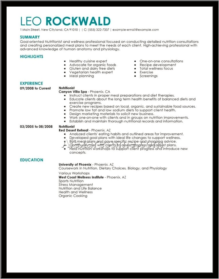 Exemples Of Summary In A Nutritionist Resume