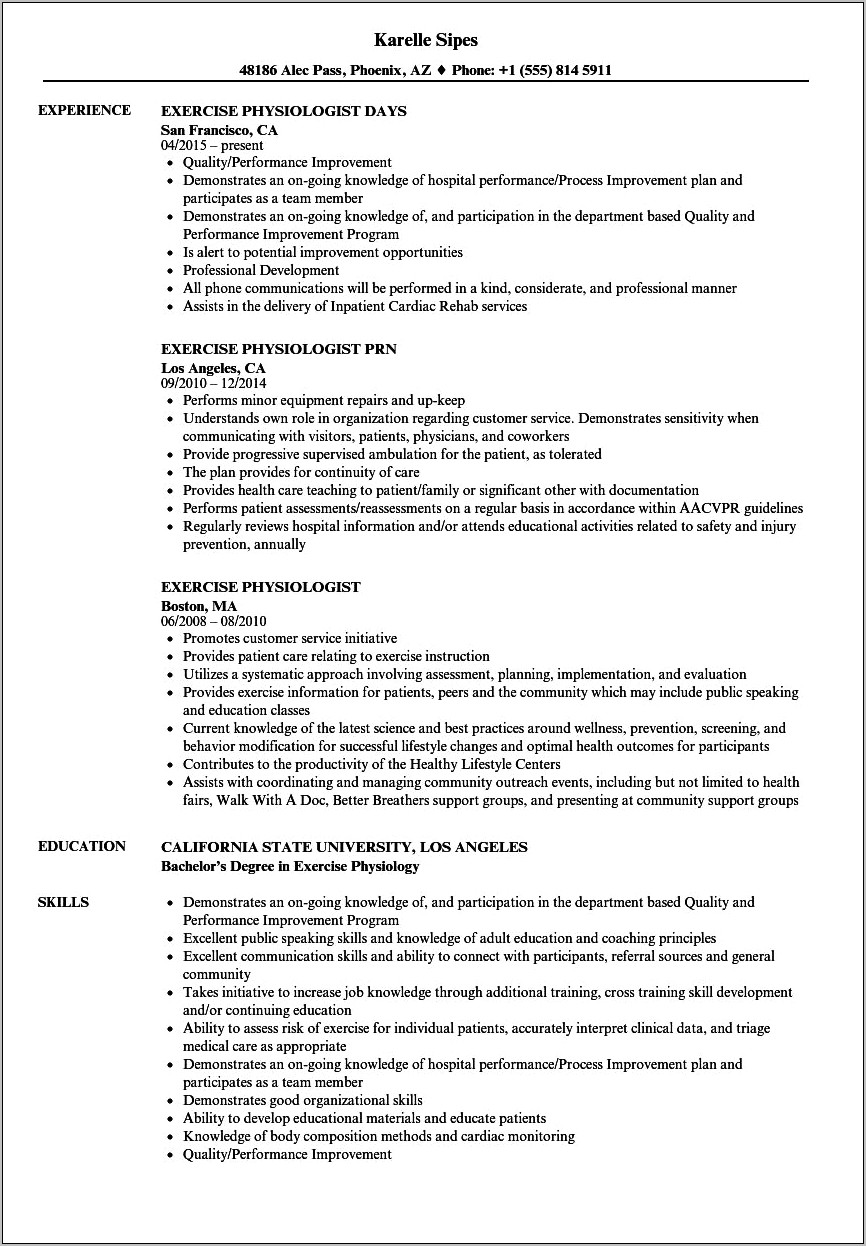Exercise Physiologist Job Description For Resume