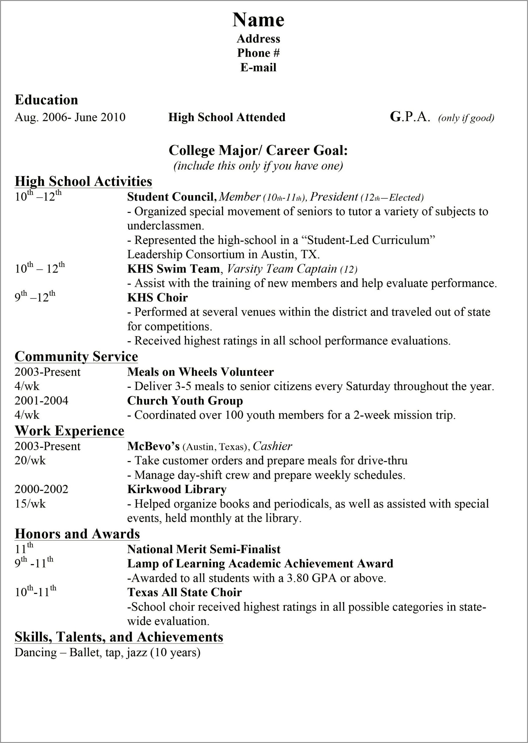 Exmaple Of Good High School Resume