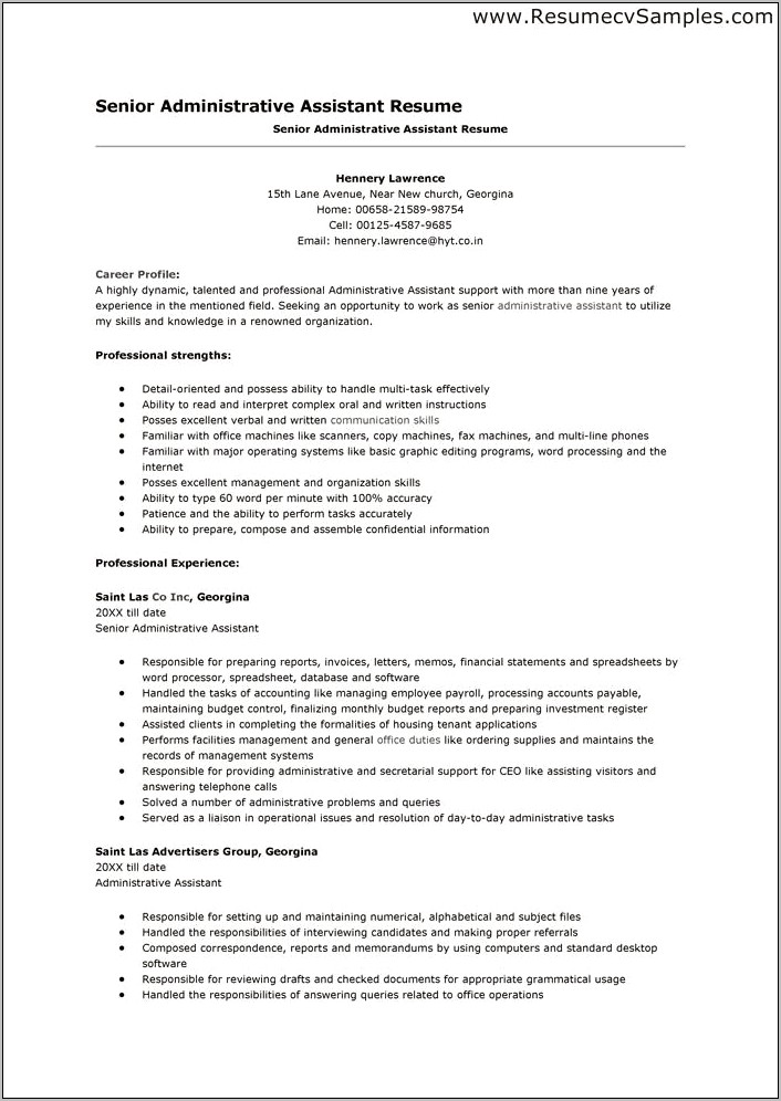 Experience And Skills Of A Administrative Assistant Resume