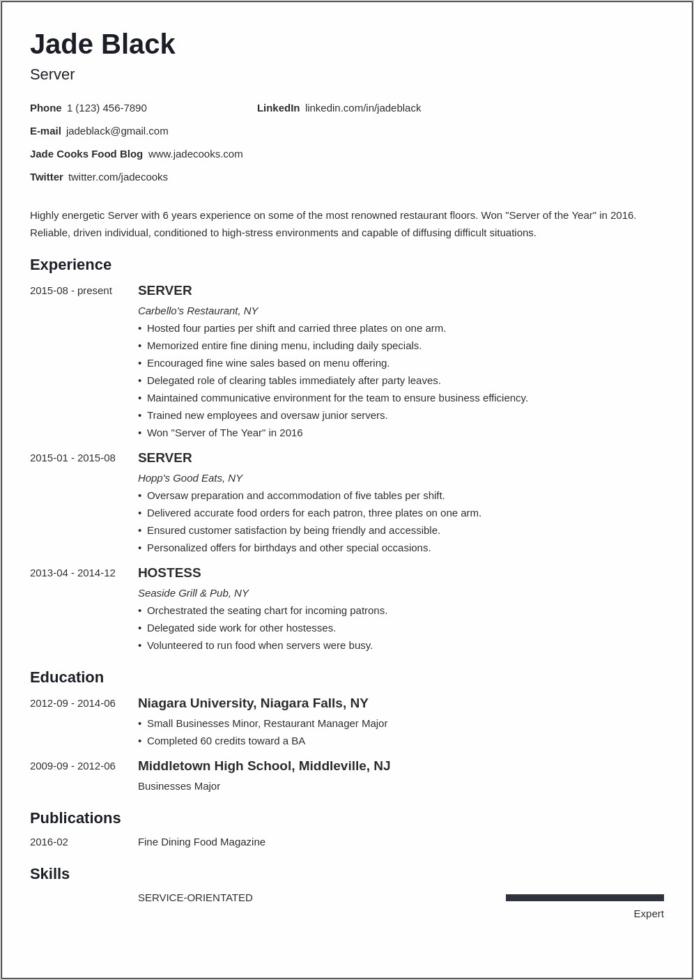 Experience As A Server On Resume