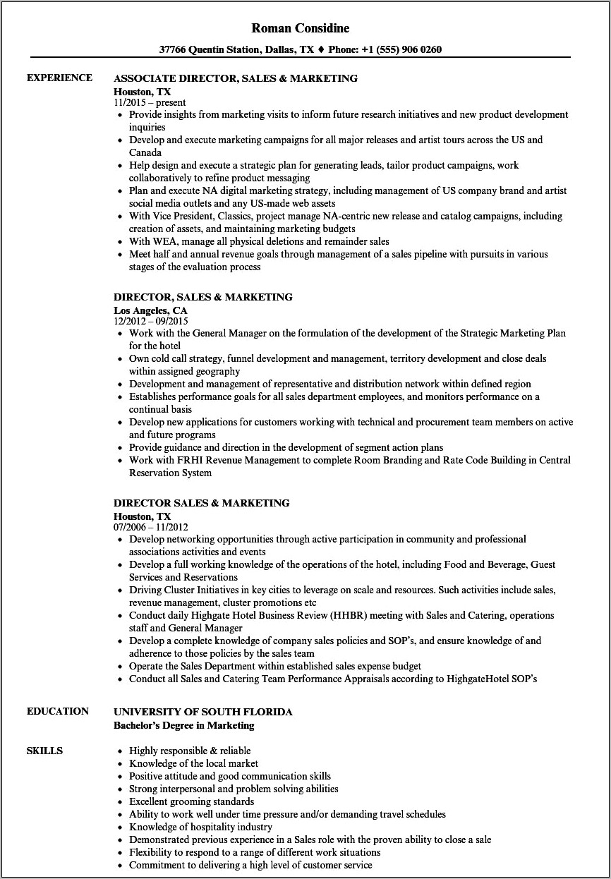 Experience In Marketing And Sales Resume