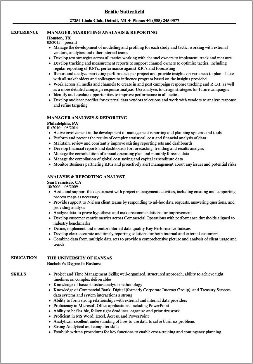 Experience In Prepraring Report And Presentation Resume