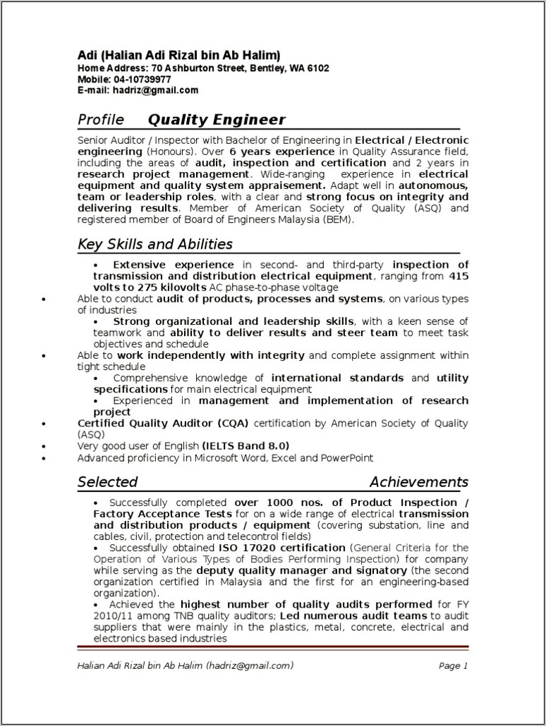 Experience Resume For Quality Engineer Pdf