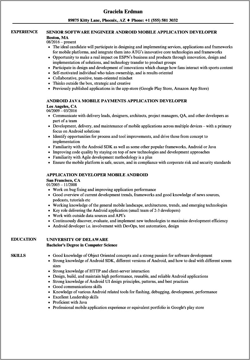Experience Resume Format For Android Developer