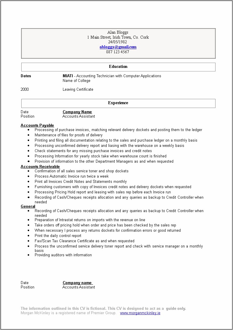 Experience Resume Format For Junior Accountant