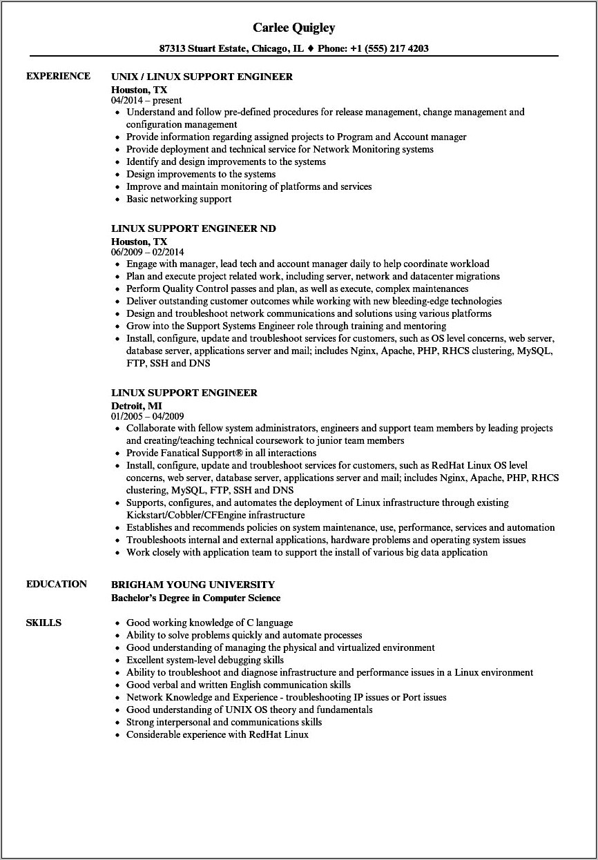 Experience Resume Format For Linux System Administrator