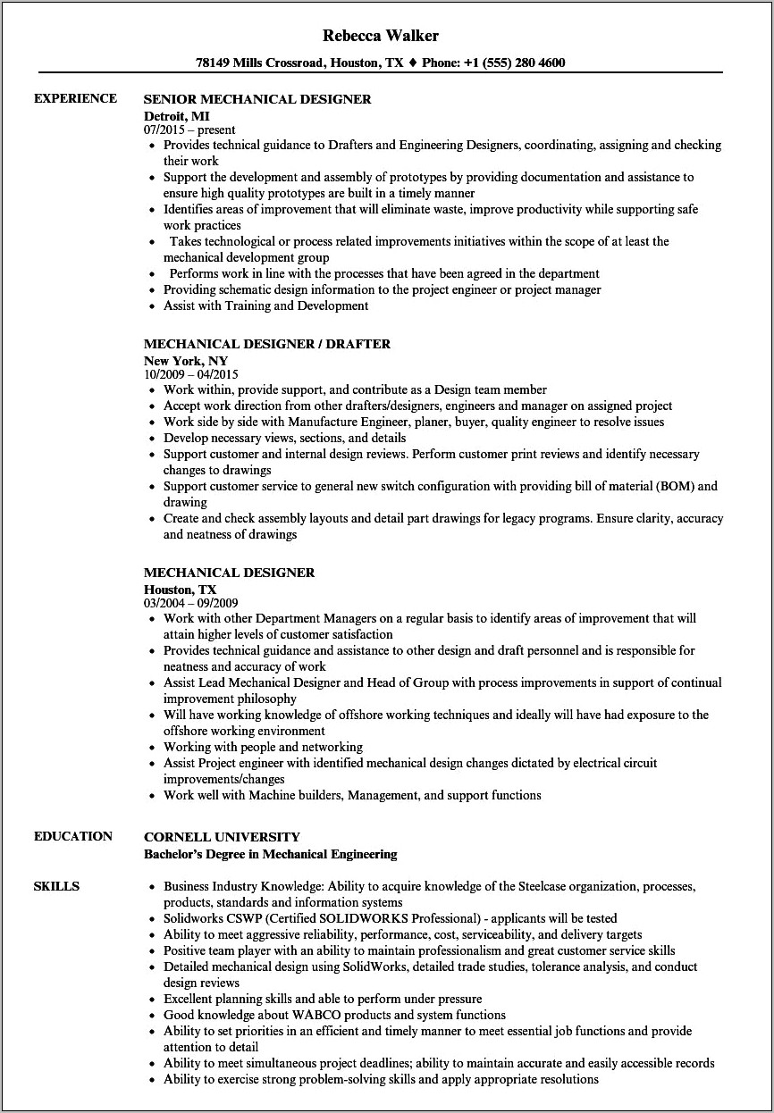 Experience Resume Format For Mechanical Design Engineer