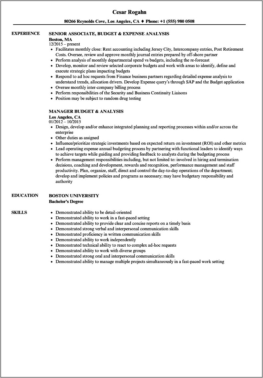 Experience With Budgeting And Managing Spending Resume