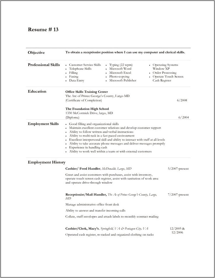 Experience With Food Mcdonald's Resume